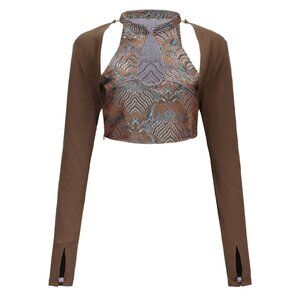 DAWANG XS Yao Keyhole Detachable Sleeves Top - Brown